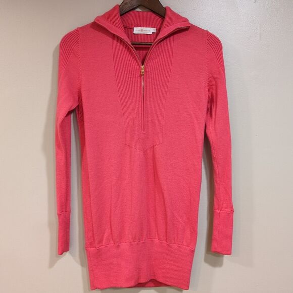 Tory Burch Merino Wool Turtleneck Sweater Womens XS  Half Zip Alora Pomelo Red - Picture 1 of 13